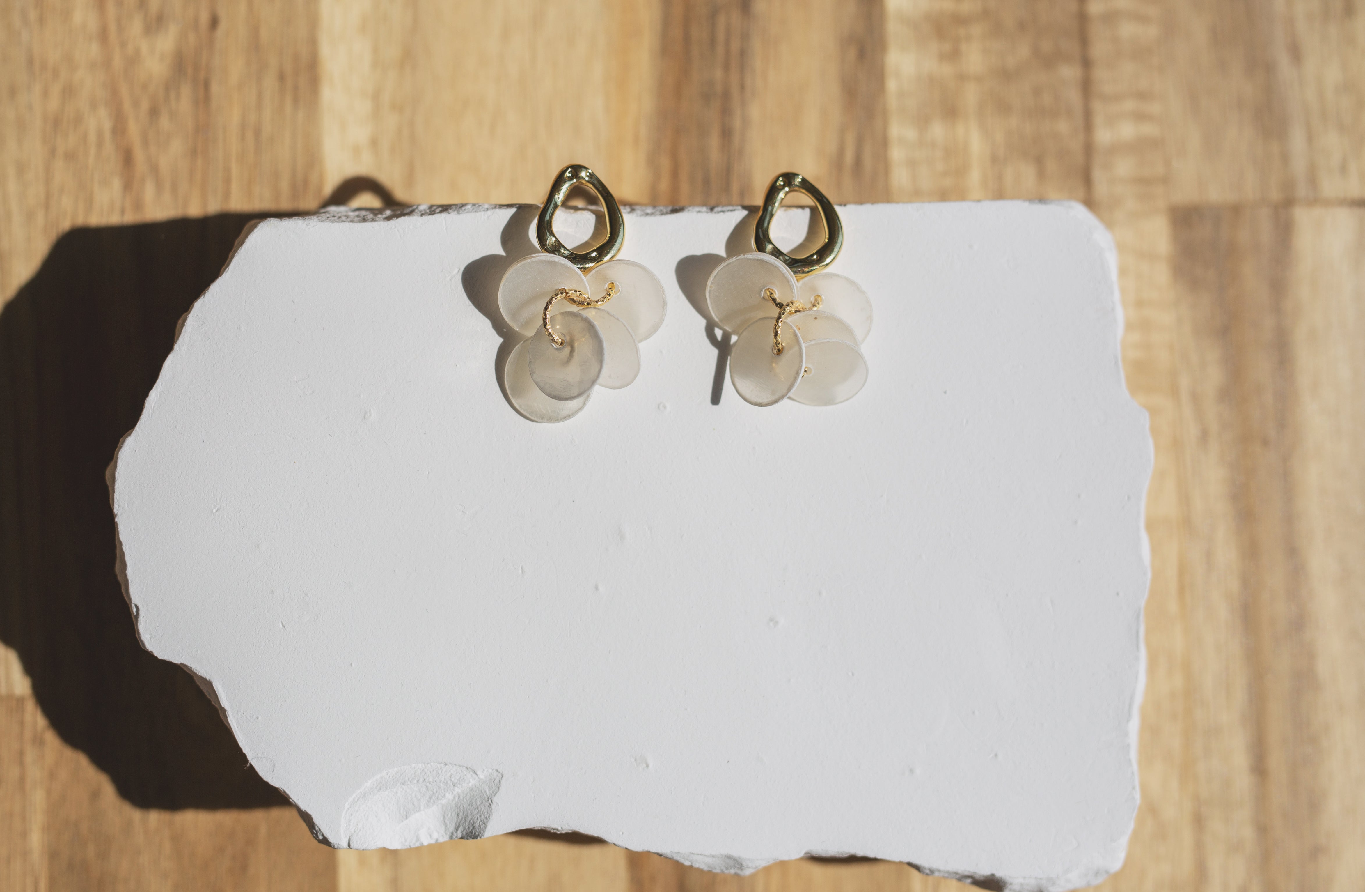 Handcrafted Organic Gold & Capiz Shell Chandelier Earrings
