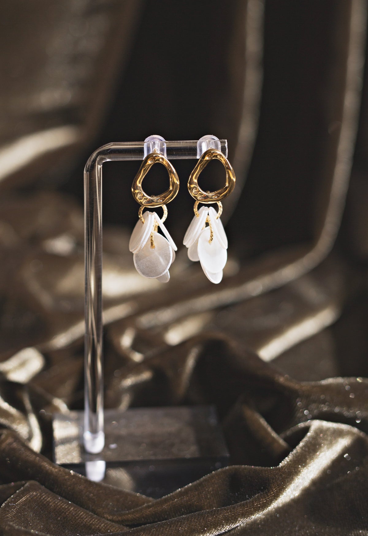 Handcrafted Organic Gold & Capiz Shell Chandelier Earrings