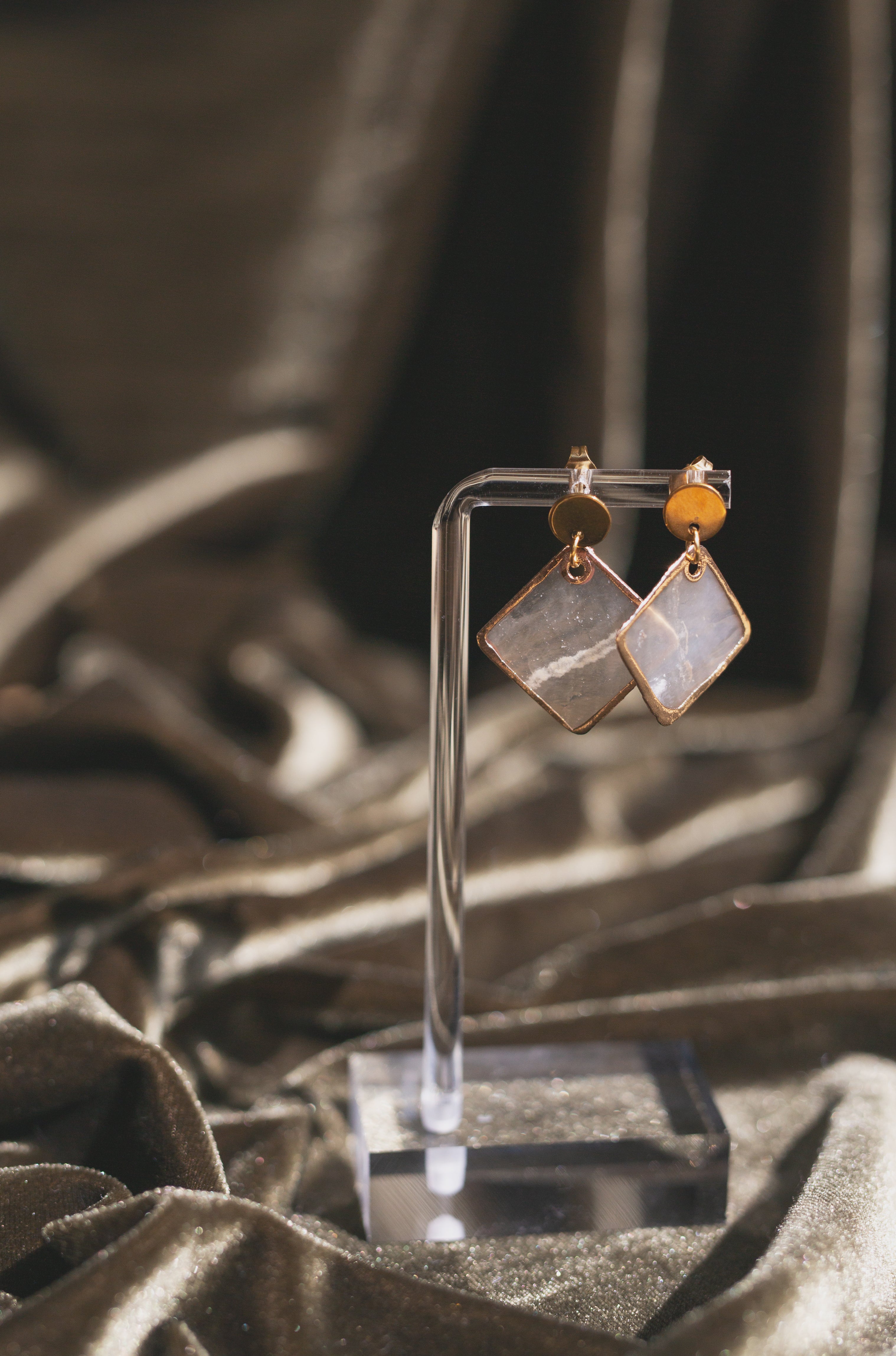 Handcrafted Gold Disc Stud Capiz Shell Drop Earrings
