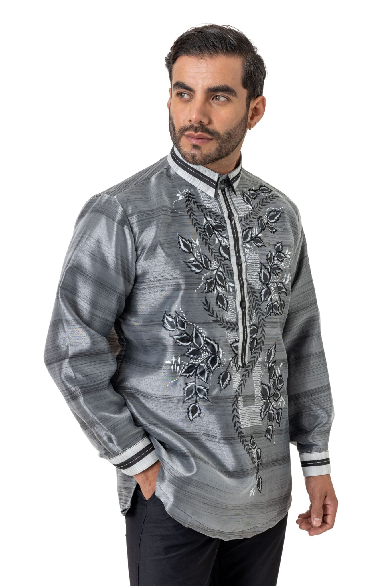 Barong Warehouse - MO10 - Organza Pina Barong Tagalog with Lining Black