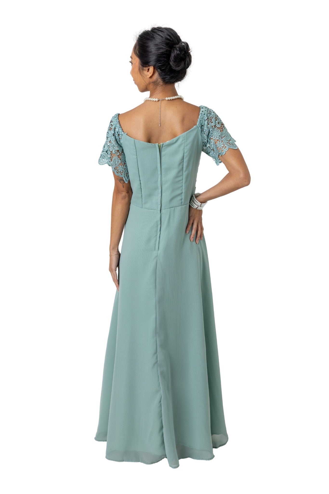 Barong Warehouse - WD23 - Filipiniana Chiffon and 3D Lace Gown Sage Green