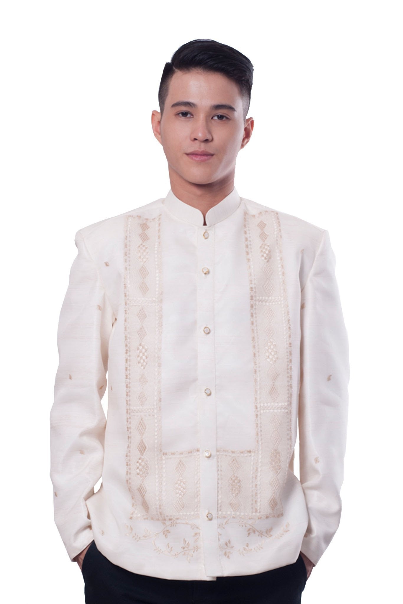 filipino style dress shirts Barong Tagalog | 'benicio' Short Sleeve Cream Embroidered Organza Filipiniana Shirt
