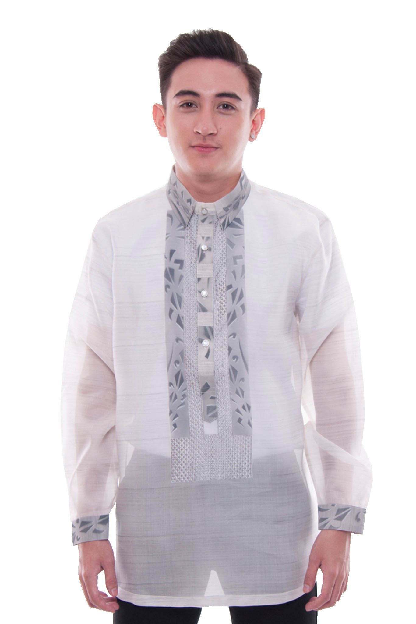 BARONG WAREHOUSE - MJ35 - MADE-TO-ORDER - Jusi Pina Barong Tagalog Ethnic Painting Gray