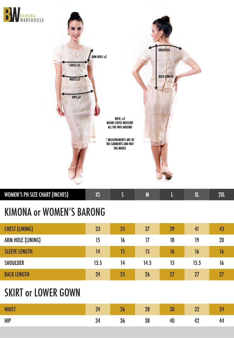 BARONG WAREHOUSE - Women's Barong Tagalog Size Chart