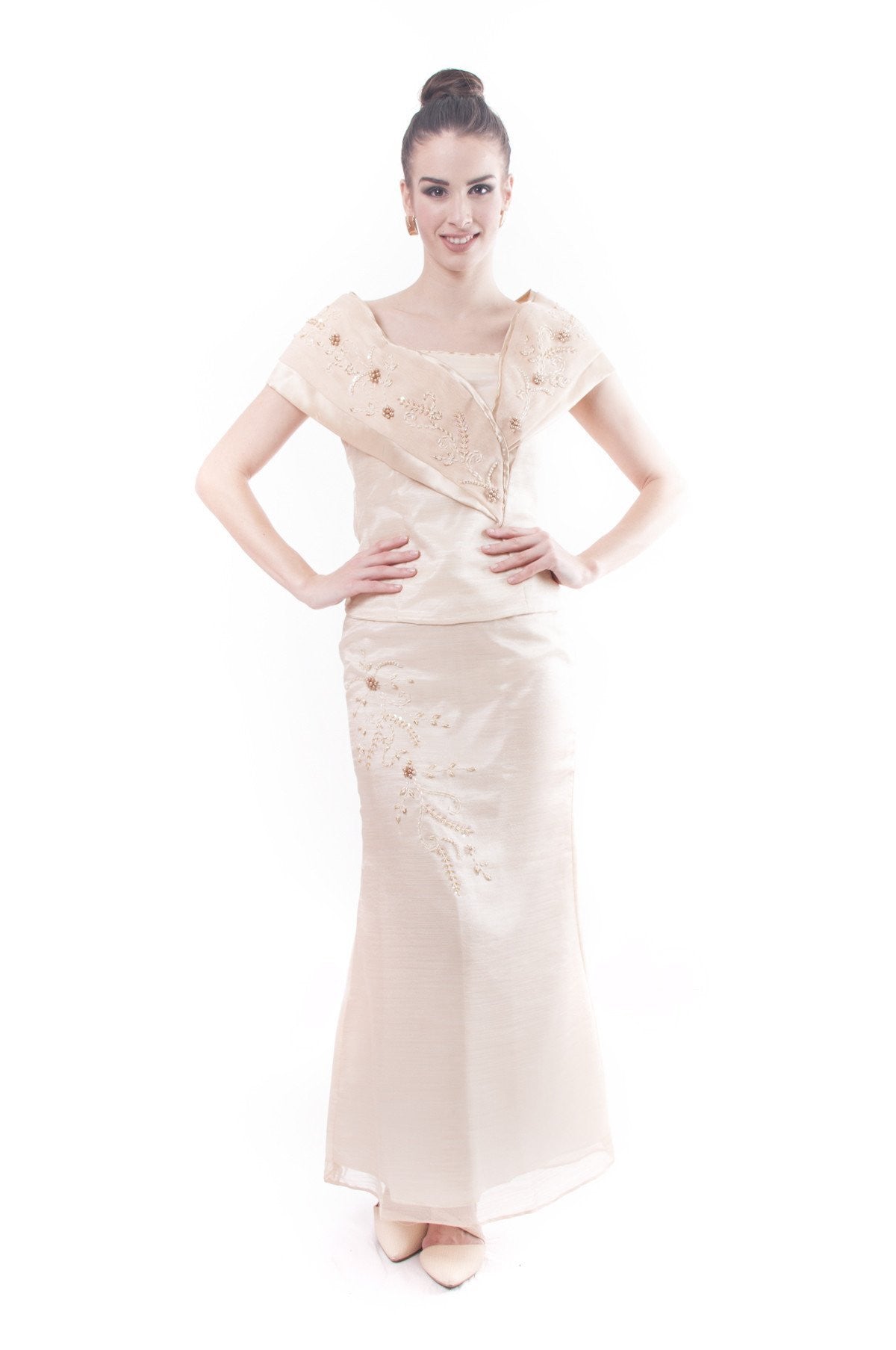 WD04 - MADE-TO-ORDER - Filipiniana Sided Gown PRE-ORDER (1 Month Delivery; Input PH Size in Order instructions box) / Beige WD04 - MADE-TO-ORDER - Filipiniana Sided Gown PRE-ORDER (1 Month Delivery; Input PH Size in Order instructions box) / Beige