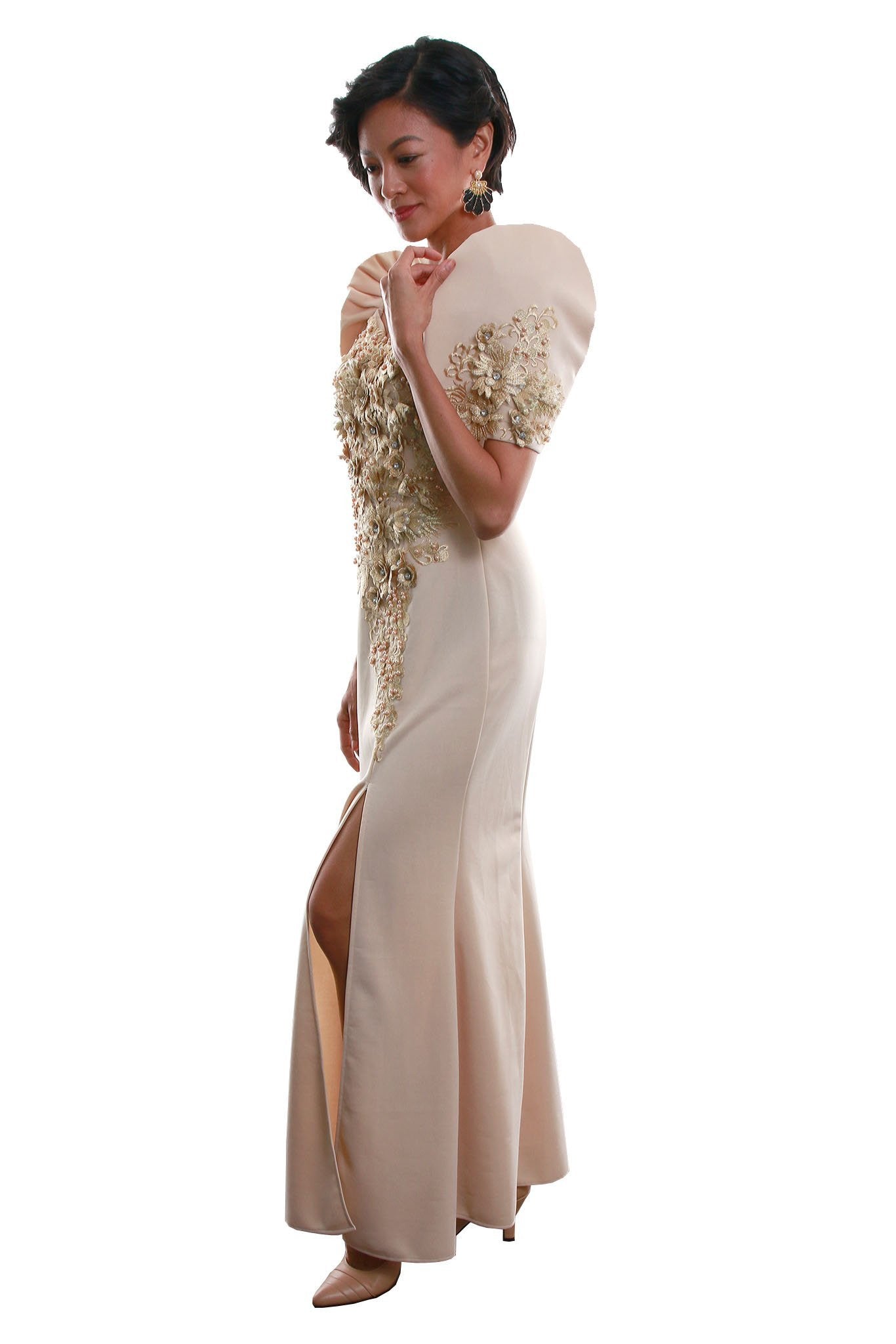BARONG WAREHOUSE - WD07 Neoprene Mestiza Gown Gold Filipiniana Dress