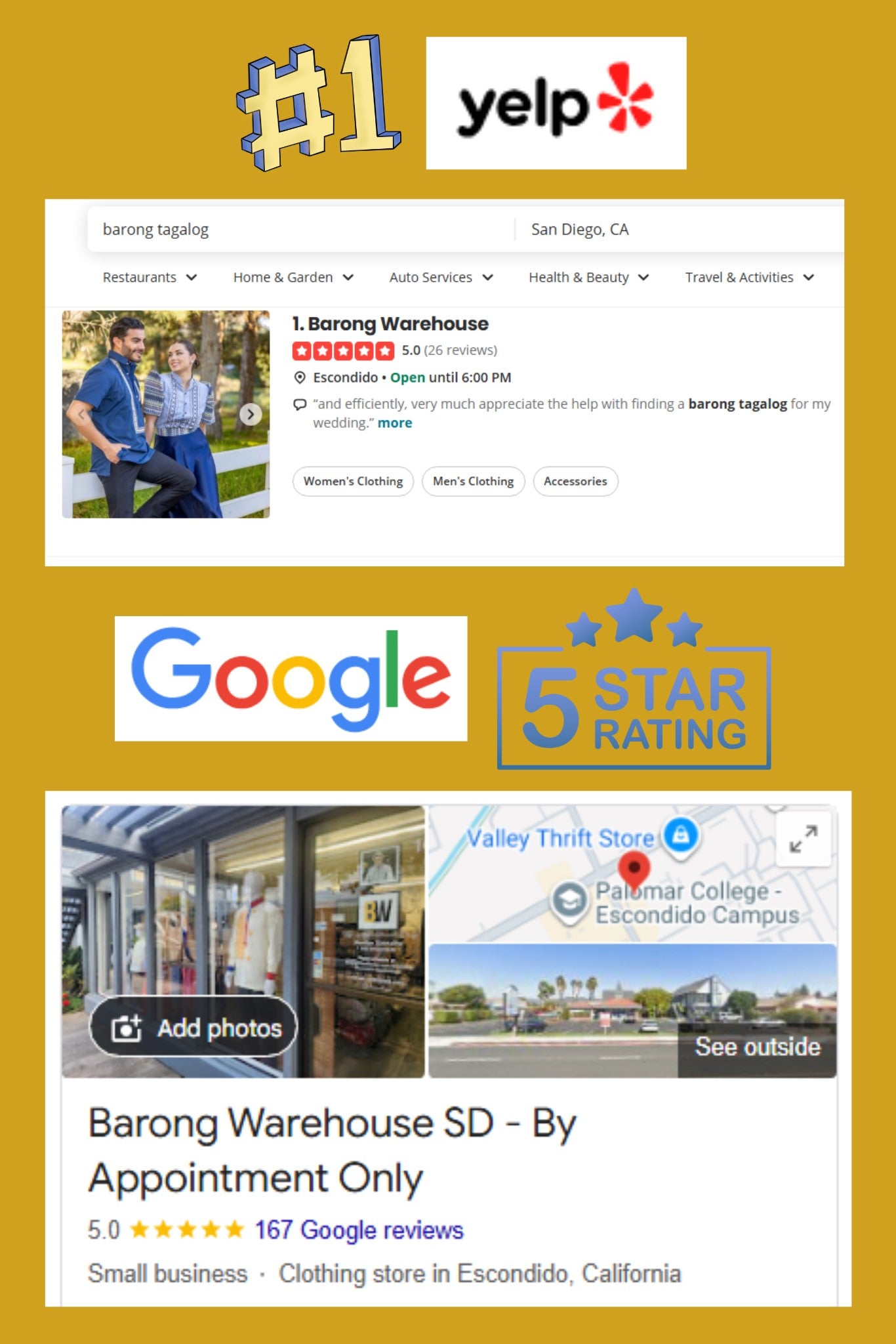 Screenshot of a business listing with Yelp and Google logos and a five-star rating.