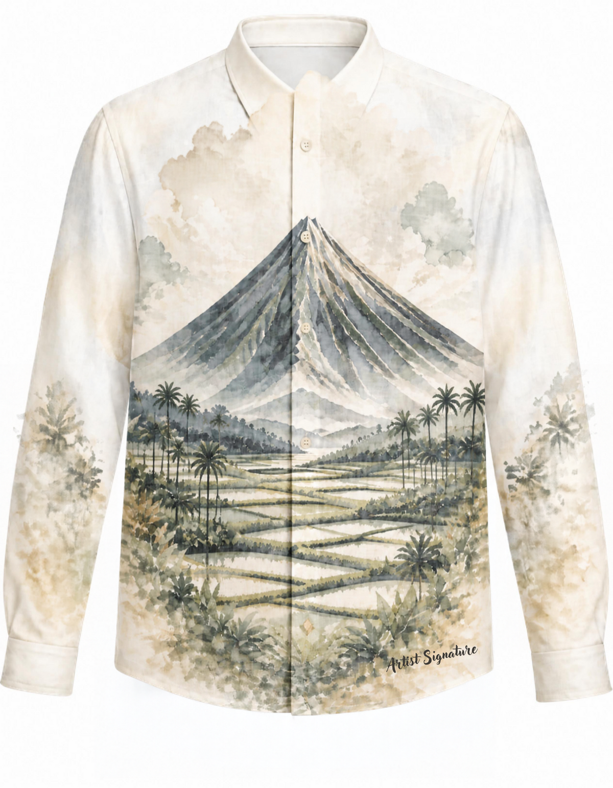 MC10 - Cocoon Pina Heirloom Painting Barong Tagalog Mount Mayon - BARONG WAREHOUSE