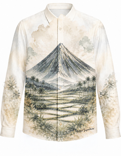 MC10 - Cocoon Pina Heirloom Painting Barong Tagalog Mount Mayon - BARONG WAREHOUSE