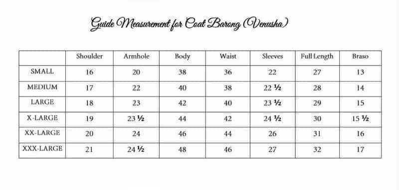 Barong Coat Venusha Size Chart