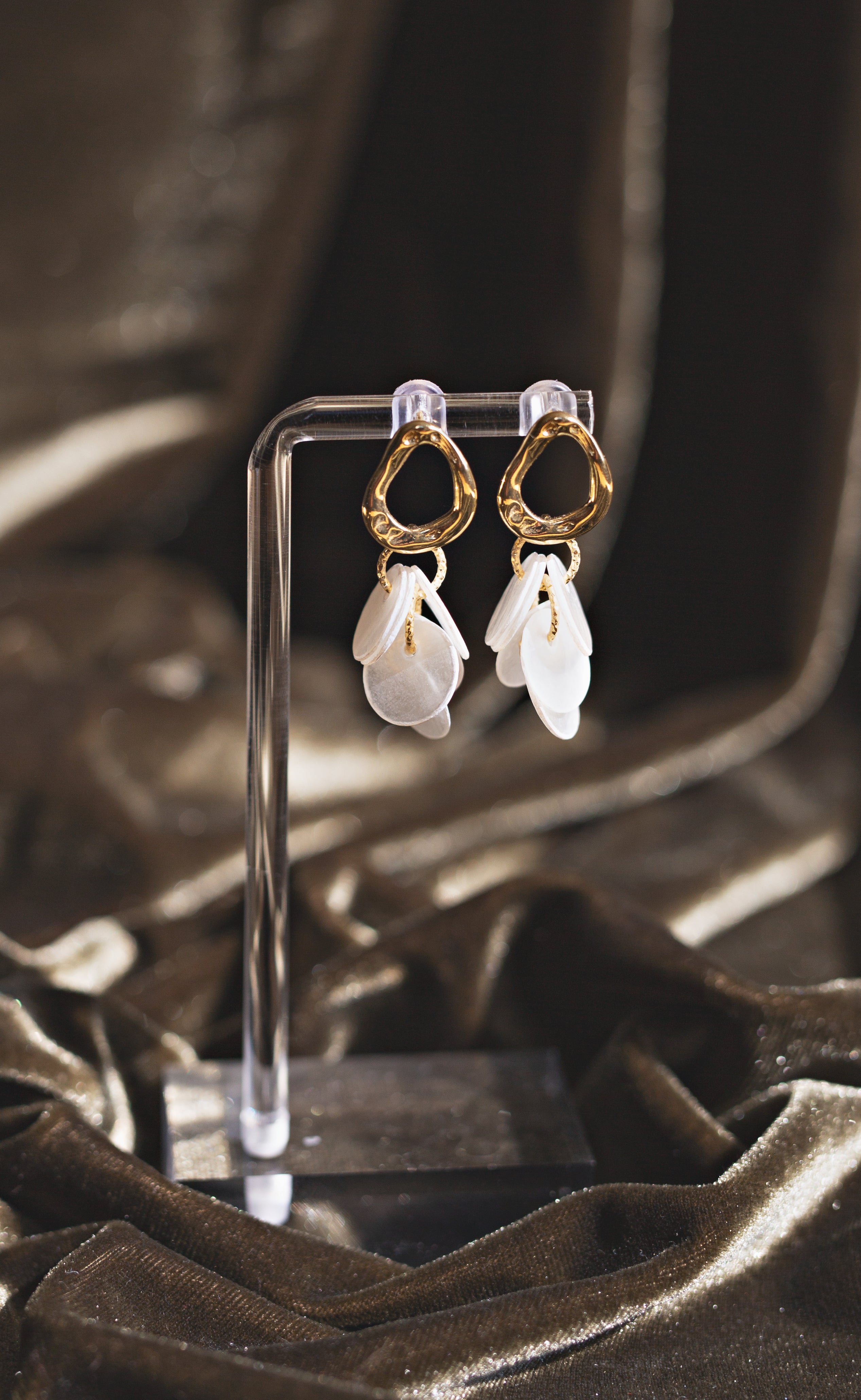 Handcrafted Organic Gold & Capiz Shell Chandelier Earrings