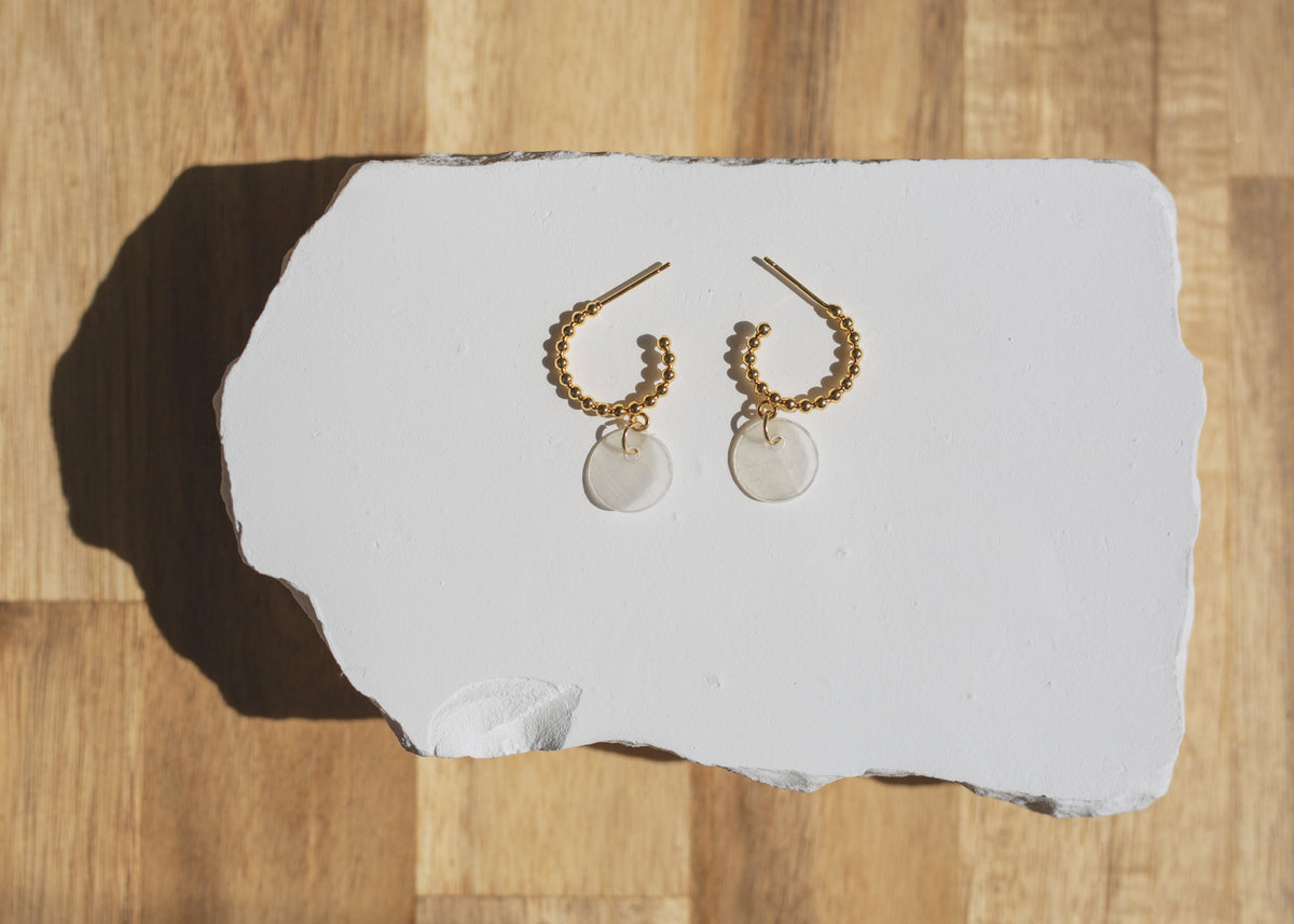 Handcrafted Beaded Huggie Hoop Capiz Shell Earrings