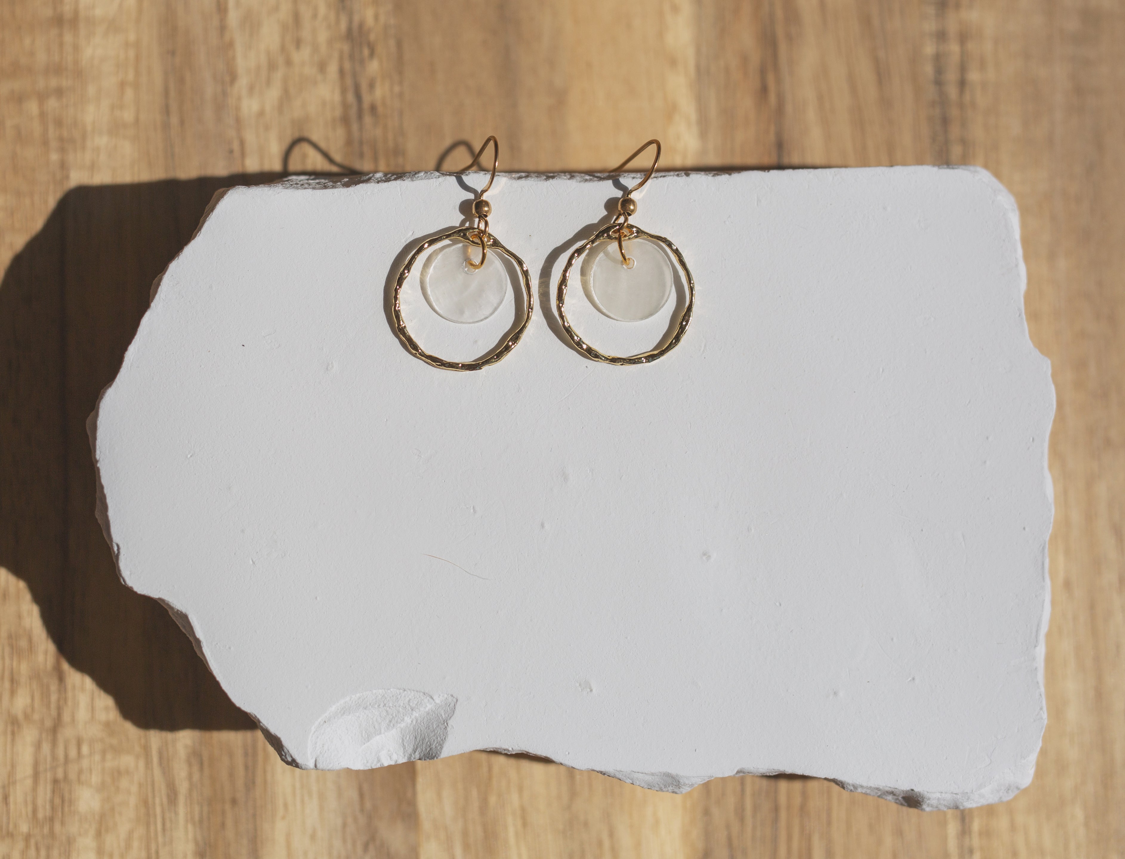 Handcrafted Textured Gold Hoop Capiz Shell Earrings