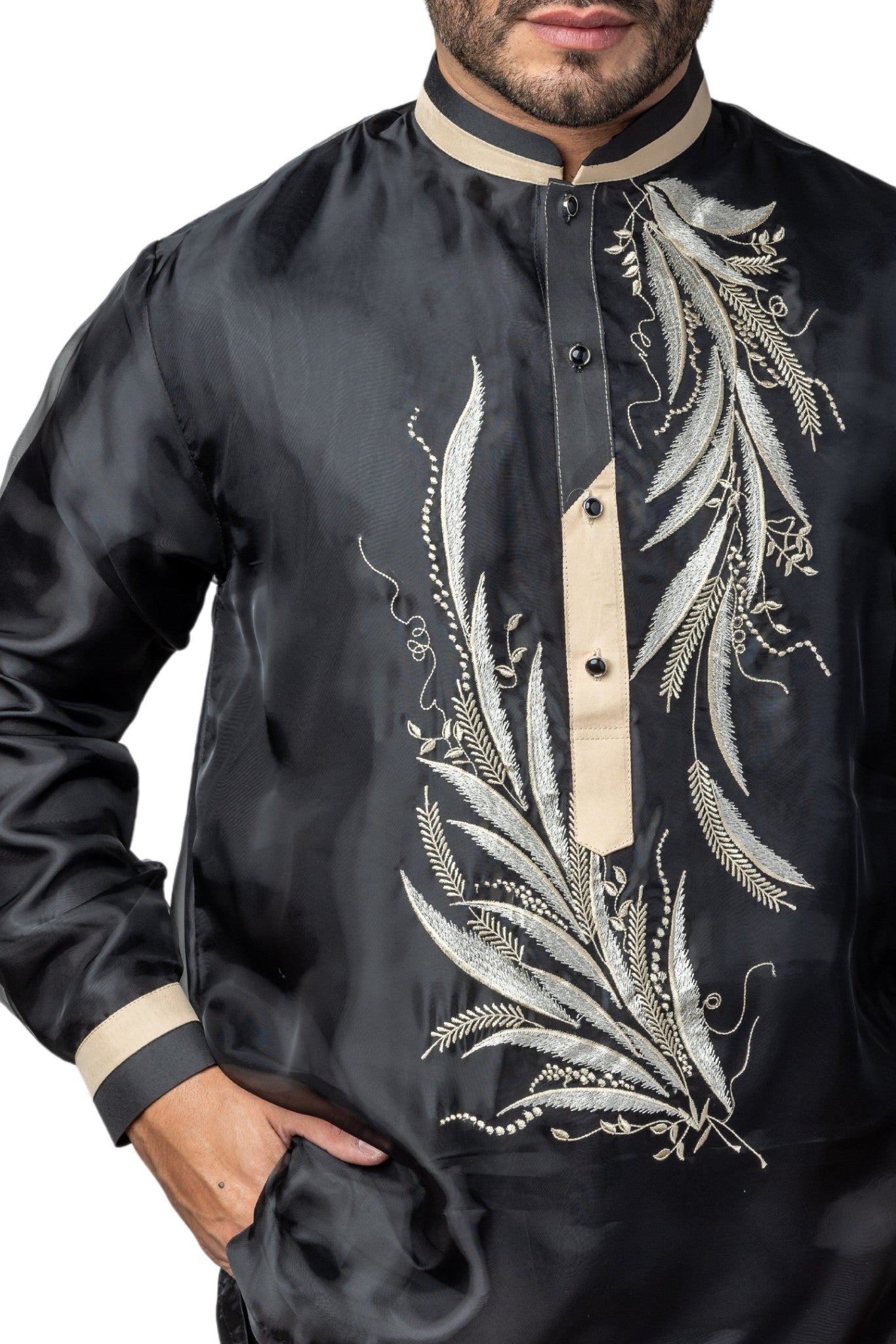 Black Handpainted Monochromatic Men's Barong Tagalog popular