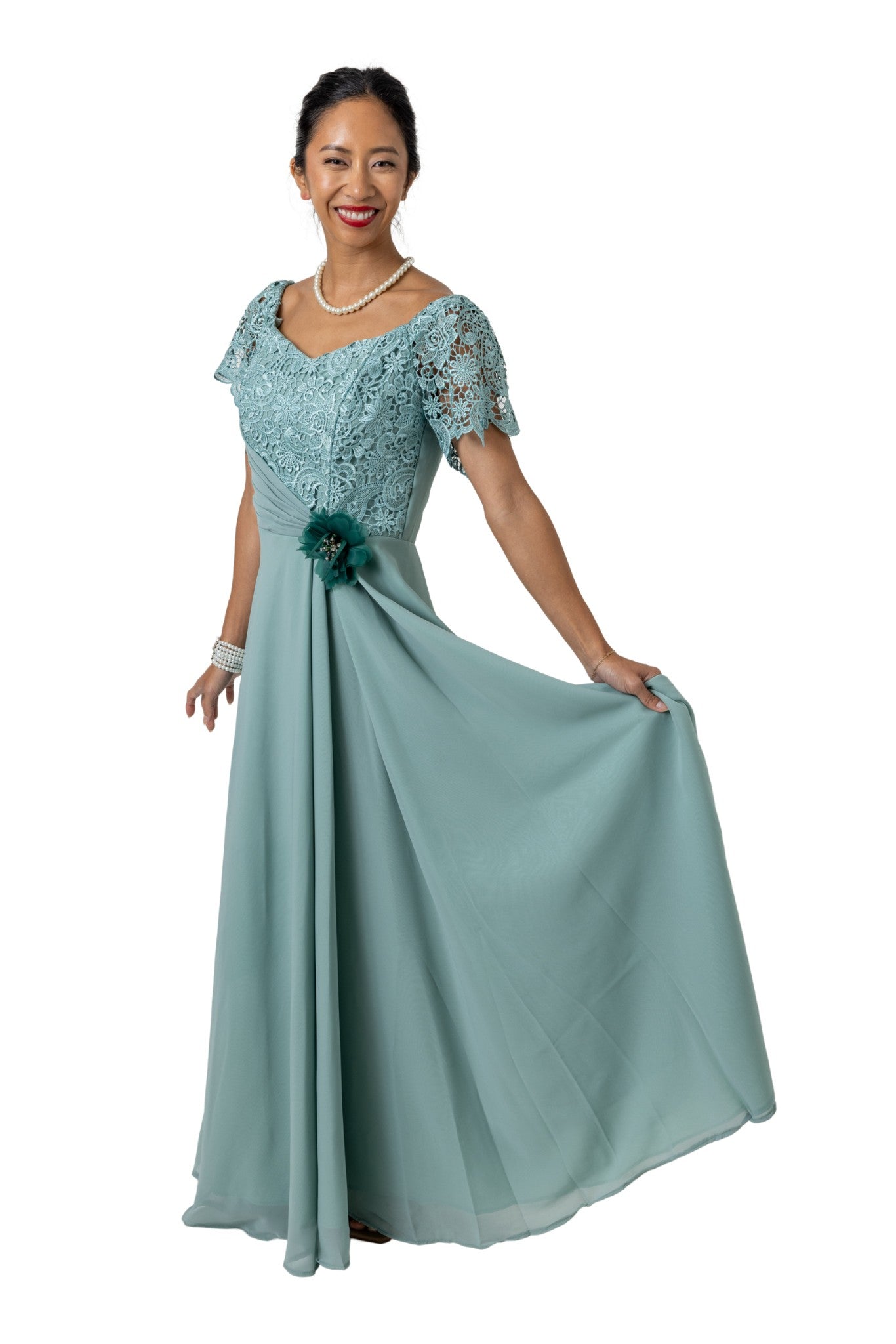 Barong Warehouse - WD23 - Filipiniana Chiffon and 3D Lace Gown Sage Green
