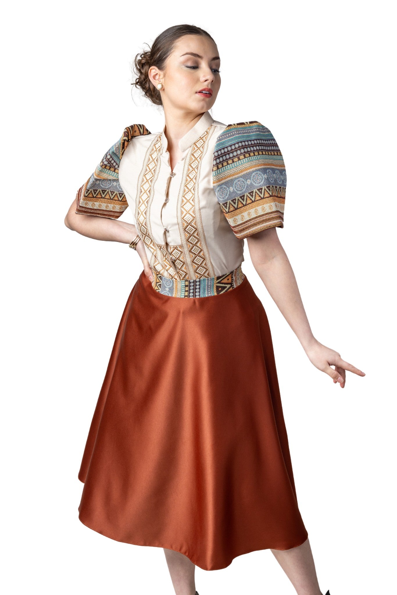 Barong Warehouse - WS22 - Baro't Saya Ethnic Filipiniana Copper - Blouse and Skirt Set