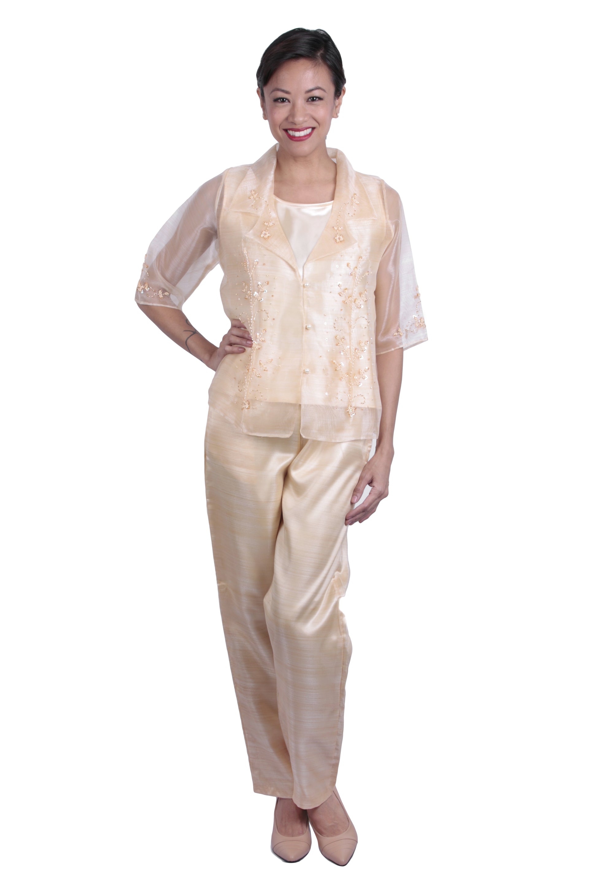 filipiniana dress modern pants Modern Filipiniana meets effortless chic in this mauve terno top and pants set. The structured sleeves and tailored fit bring timeless elegance with a contemporary twist. A power look made for