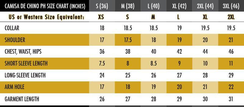BARONG WAREHOUSE - Camisa de Chino Size Chart