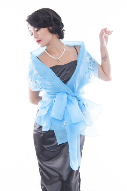 BARONG WAREHOUSE - WS15 Filipiniana Wrap-Around Light Blue with Fitting Gown Women's Set