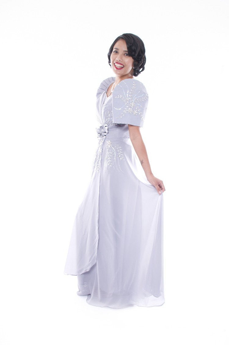 BARONG WAREHOUSE - WD03 Emy Mestiza Gown Gray Filipiniana Dress